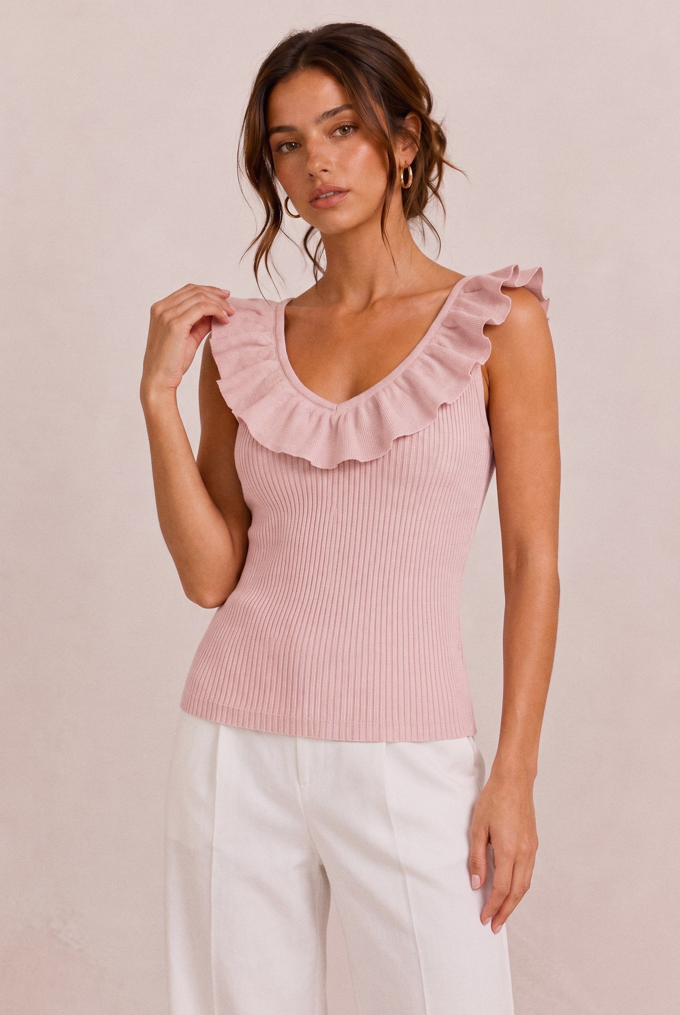 Ruffle V-neck knit tank in pink
