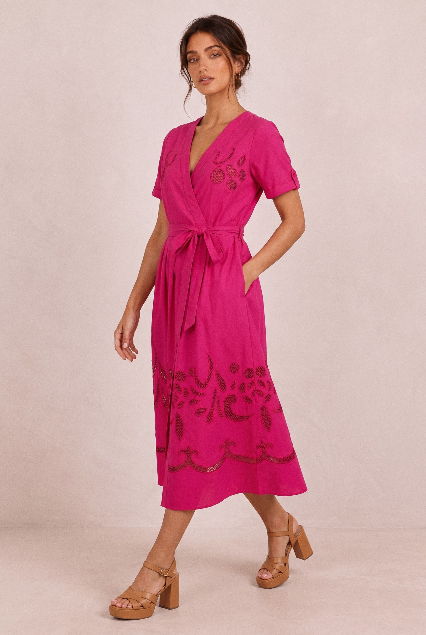 Lias cutwork wrap dress in fuchsia