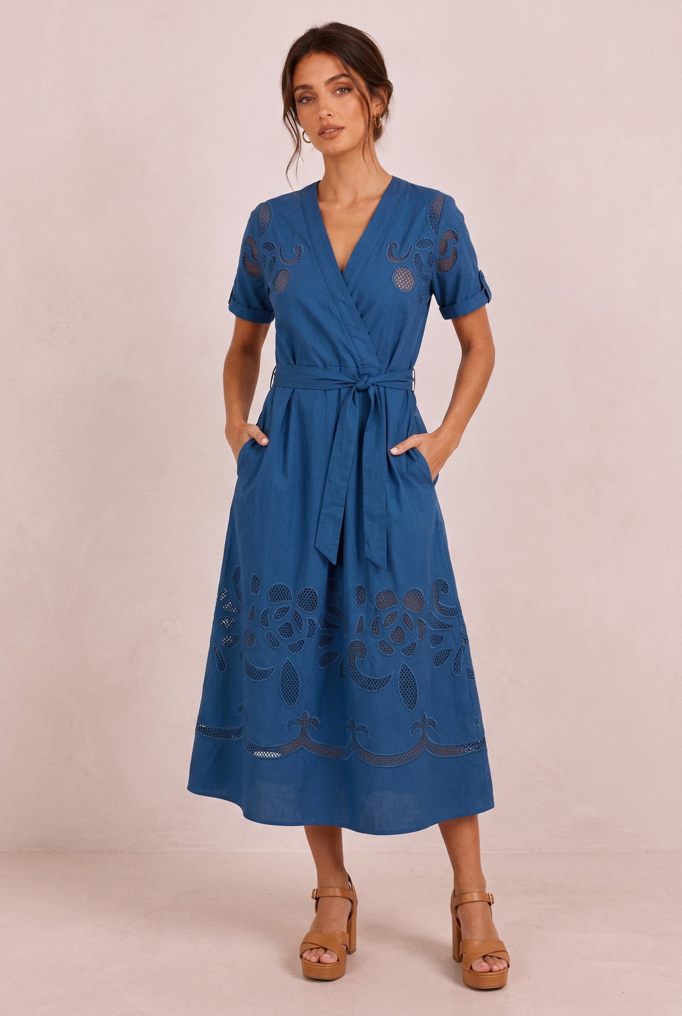 Lias cutwork wrap dress in deep blue