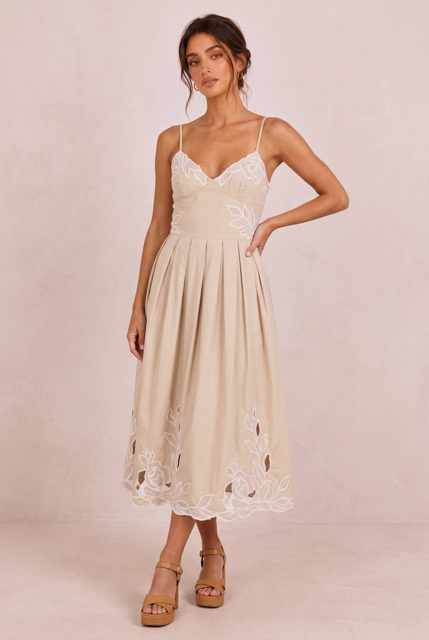 Lizy embroidered midi dress in sand